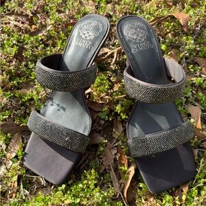 Vince Camuto Black Crystal Double-Strap Slide Heels